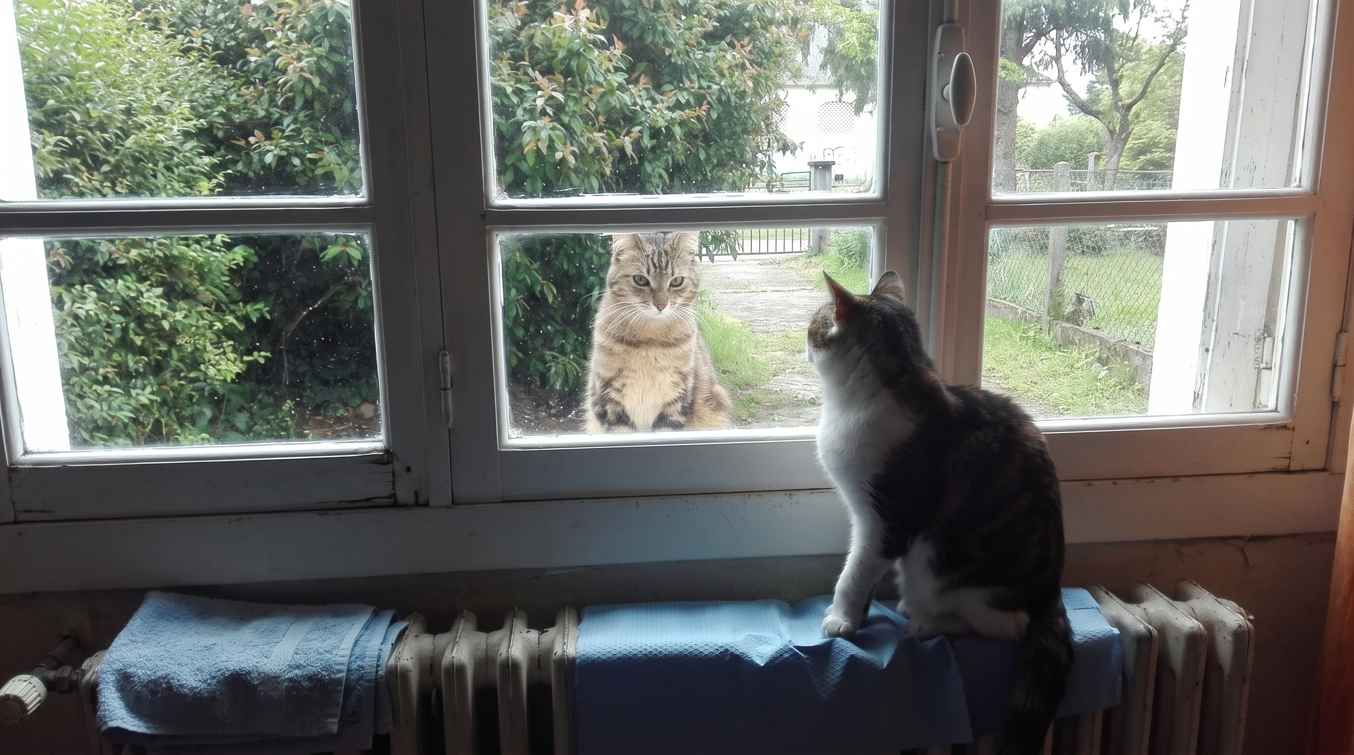 Two cats sitting apart on either side of a window