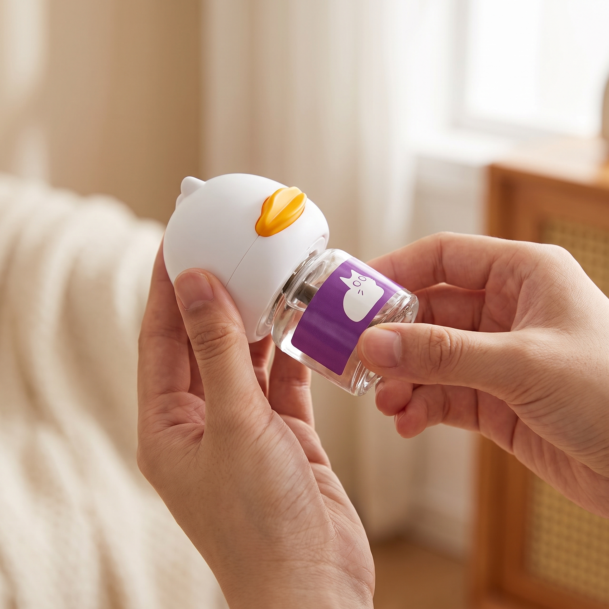 Hands screwing a fresh refill vial into the diffuser head